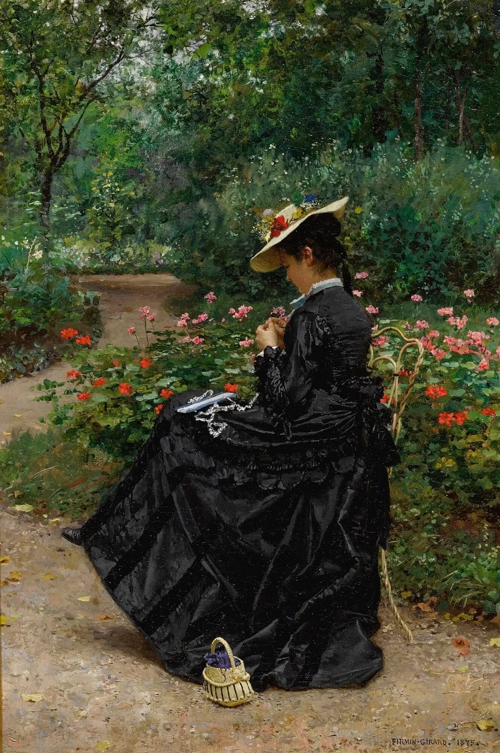 Marie - François Firmin, Girard, Donna che cuce in un giardino, 1875